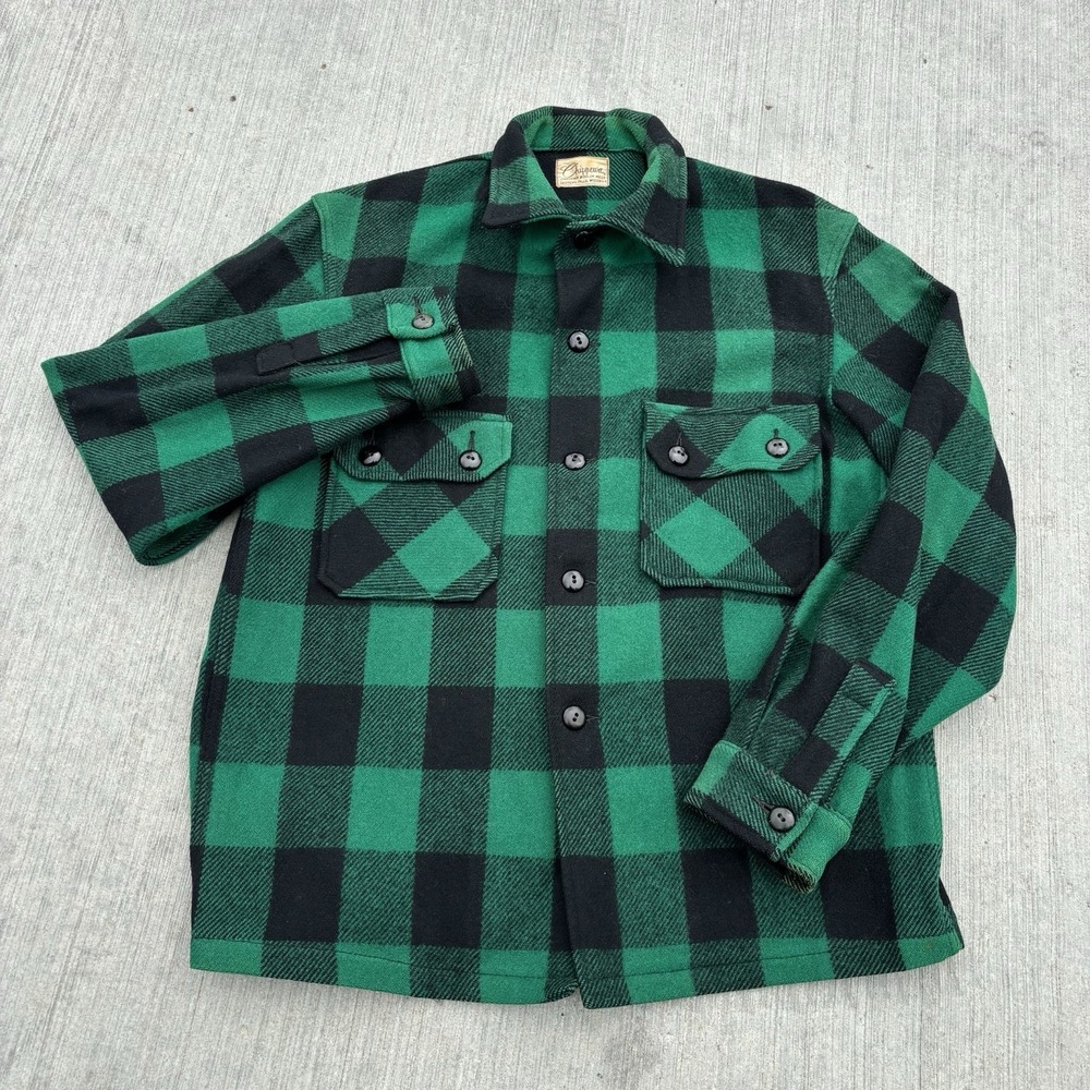 VTG 1950s Chippewa Wool Shirt Jacket Mens Large Green Buffalo Plaid‎ Flannel USA